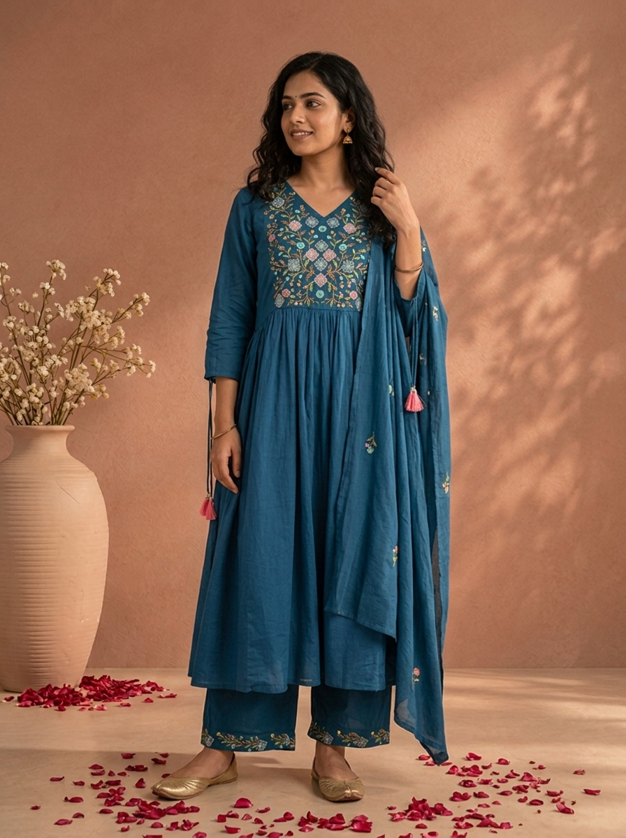Teal Blue Cotton Solid With Multicolor Floral Embroidered Three Piece Set
