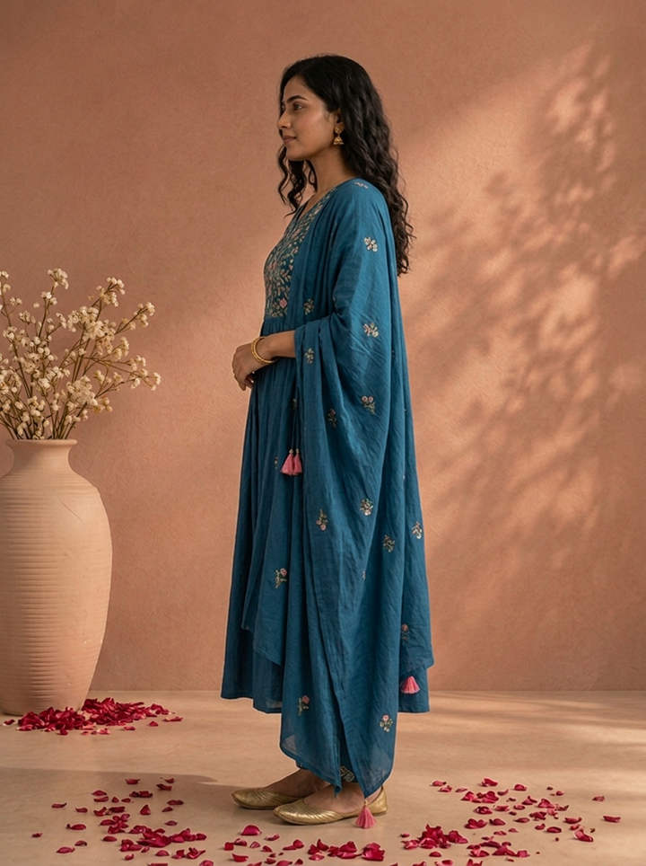 Teal Blue Cotton Solid With Multicolor Floral Embroidered Three Piece Set