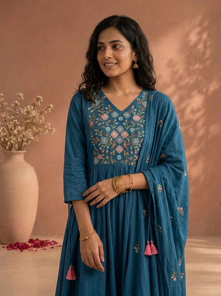 Teal Blue Cotton Solid With Multicolor Floral Embroidered Three Piece Set