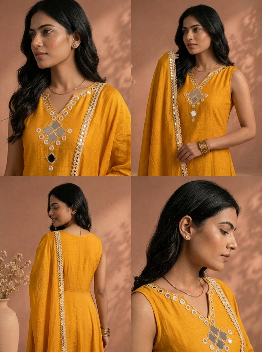 Gold Silk Solid With Mirror Embroidered Three Piece Set