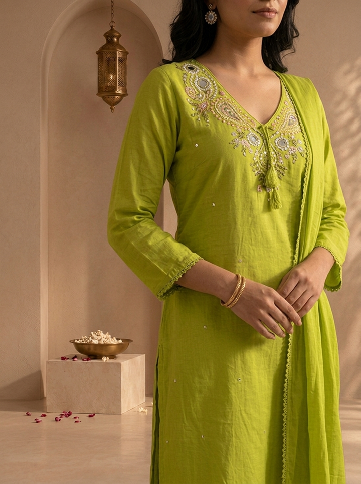 Mehadi Green Cotton Solid With Thread Embroidered Three Piece Set