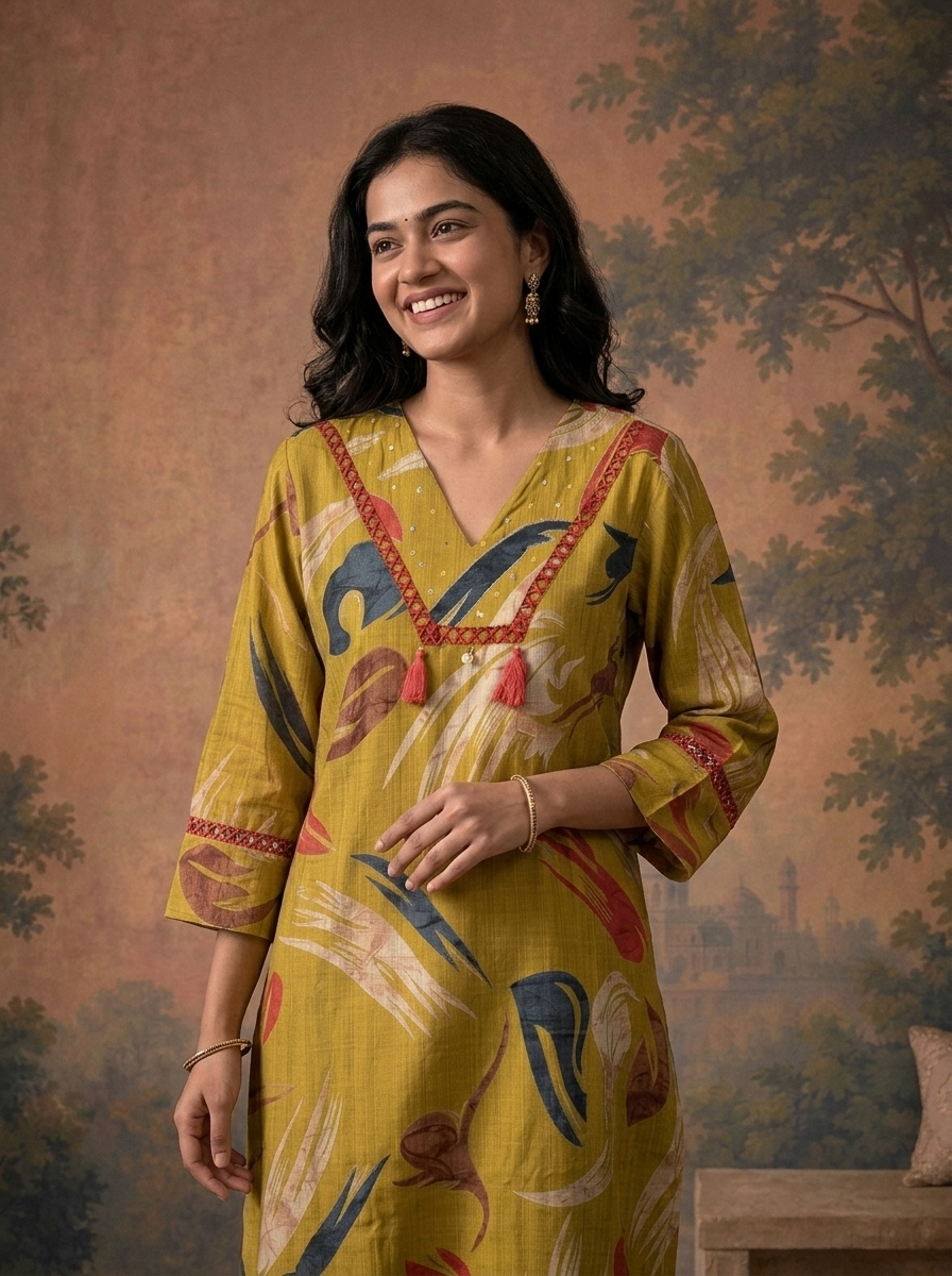 Mehadi Green Rayon Abstract Feather Brush Stroke Printed Two Piece Set
