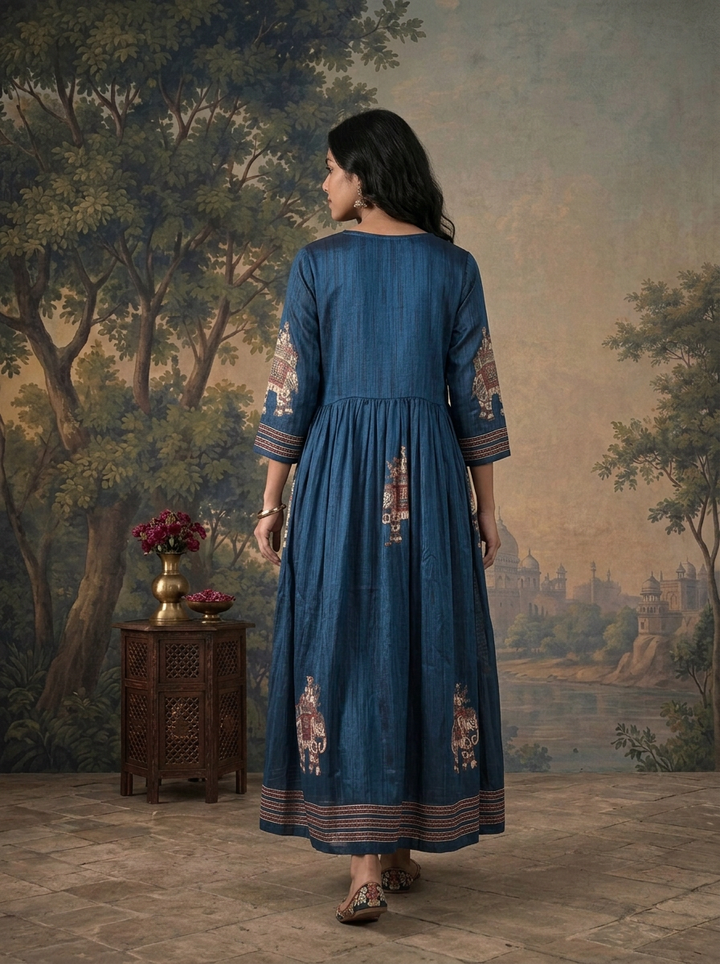 Royal Blue Chinon Elephant Mughal Printed Dress