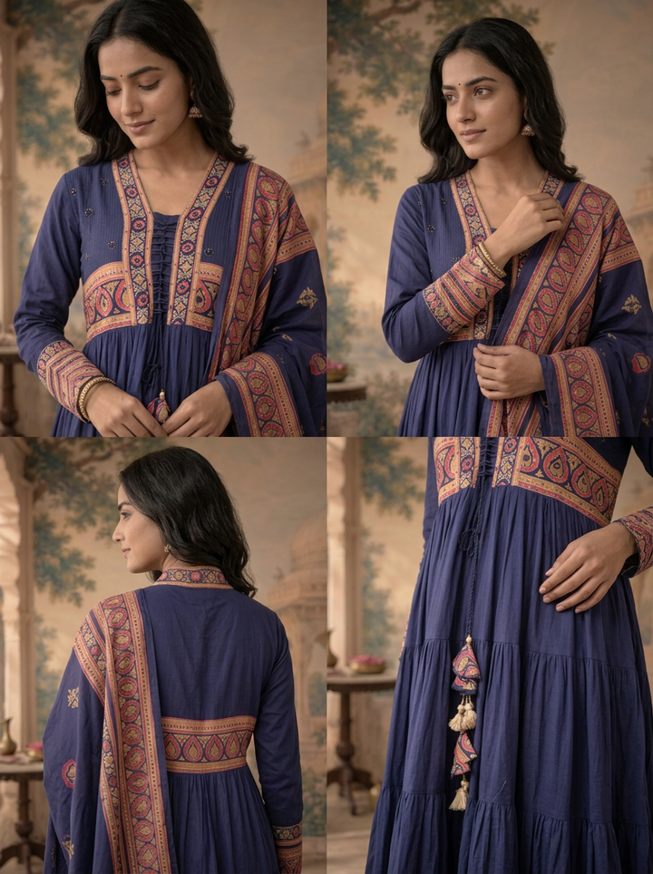 Blue Cotton Solid With Ajrakh Printed Three Piece Set