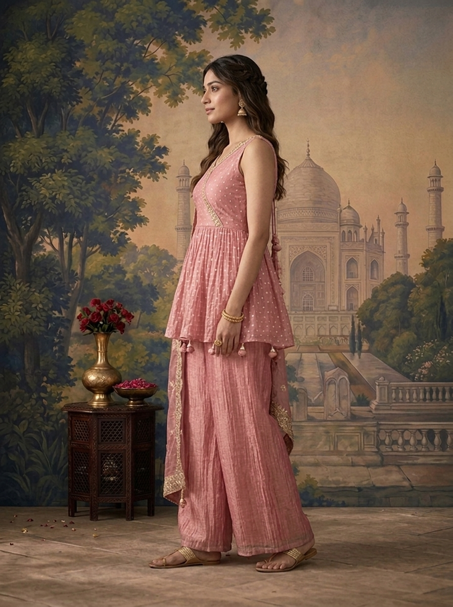 Onion Pink Tissue Zari Buti Printed Three Piece Set
