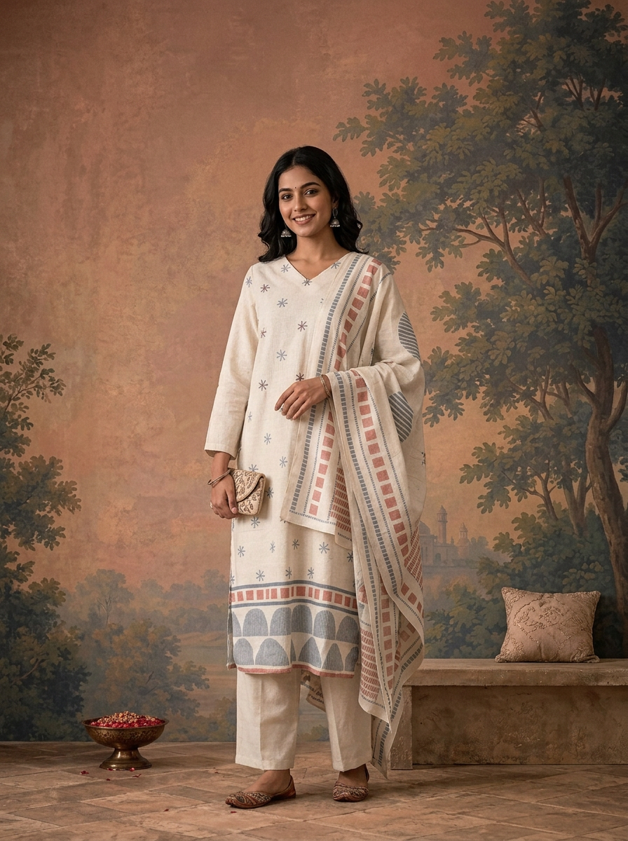 Off White Linen Geometric Star Buti Printed Three Piece Set