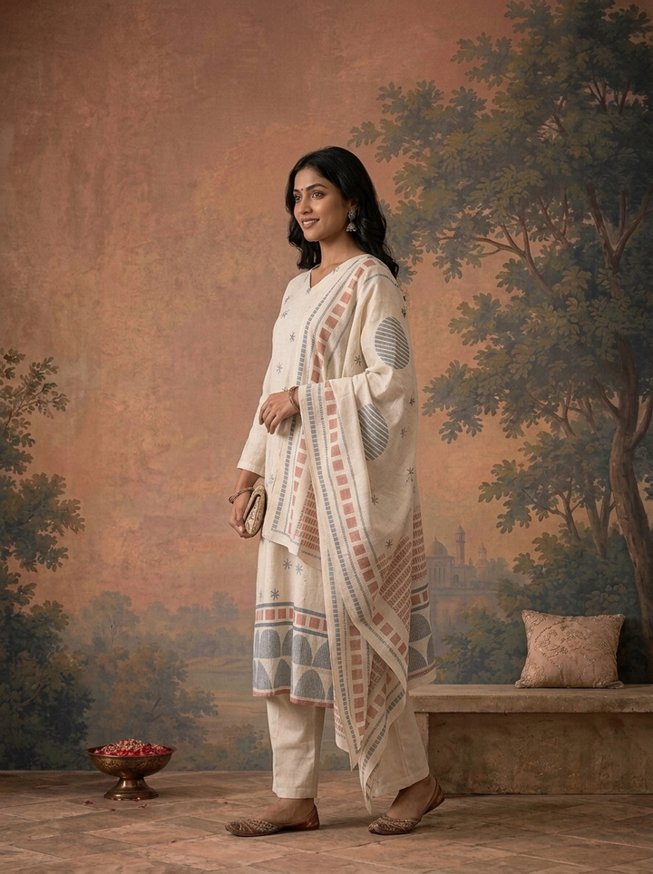 Off White Linen Geometric Star Buti Printed Three Piece Set