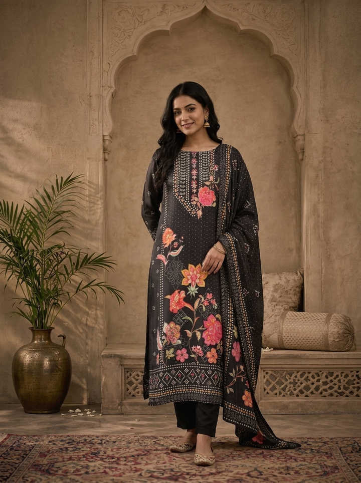 Black Crepe Floral Bandhani Printed Three Piece Set