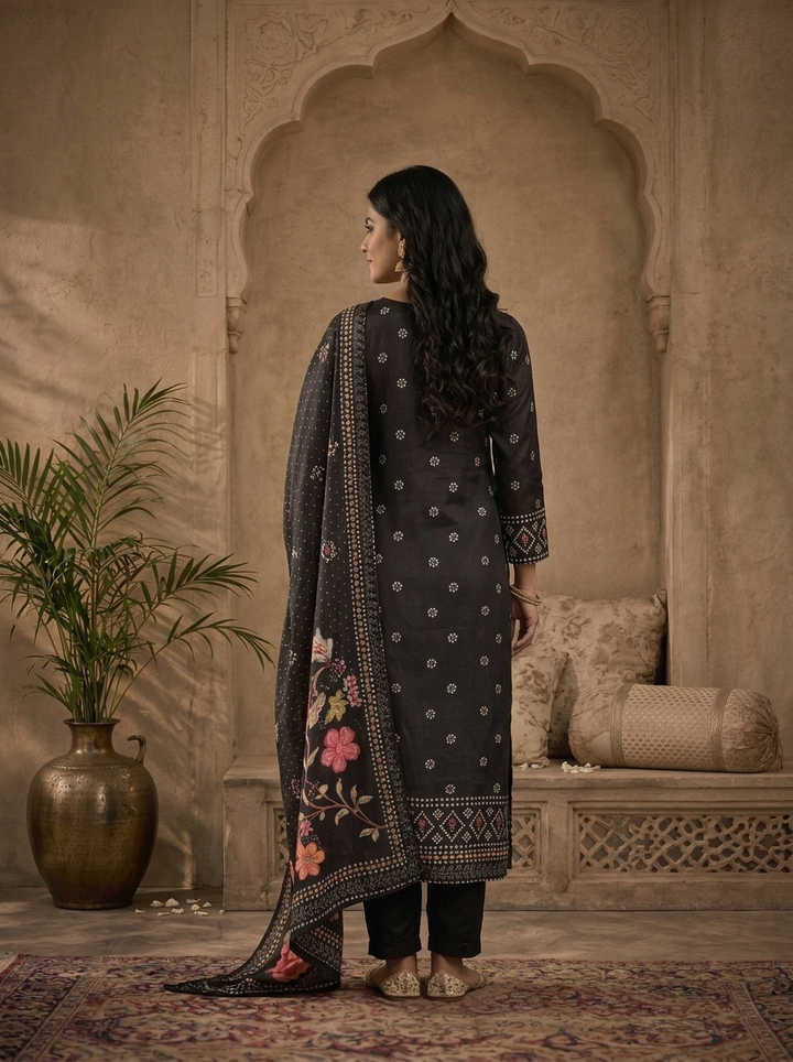 Black Crepe Floral Bandhani Printed Three Piece Set
