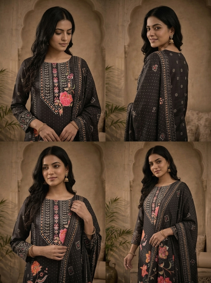 Black Crepe Floral Bandhani Printed Three Piece Set