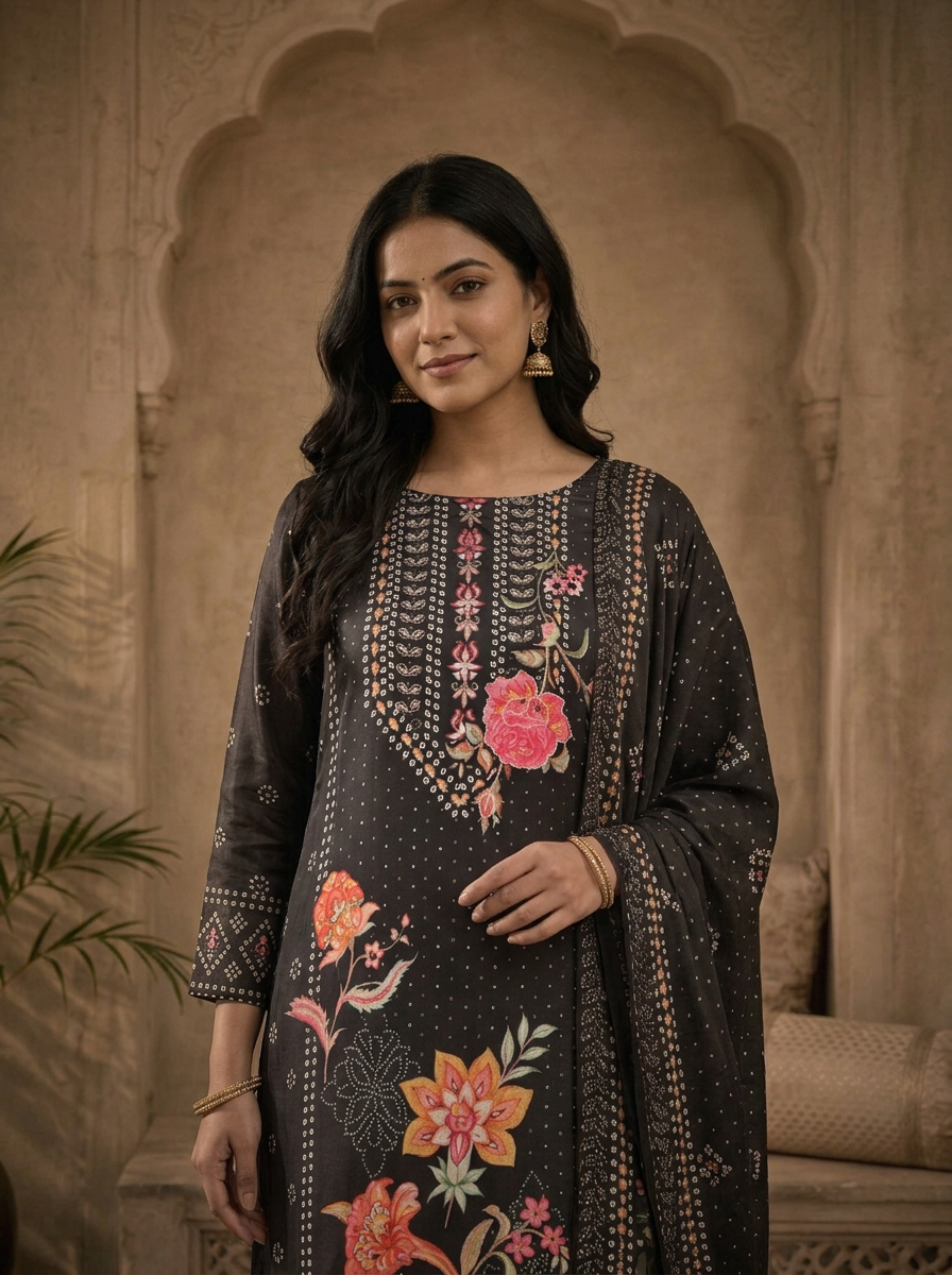 Black Crepe Floral Bandhani Printed Three Piece Set