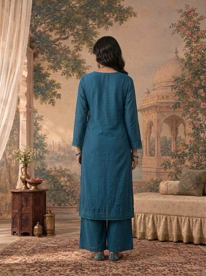 Teal Blue Muslin Floral Buti Thread Embroidered Three Piece Set