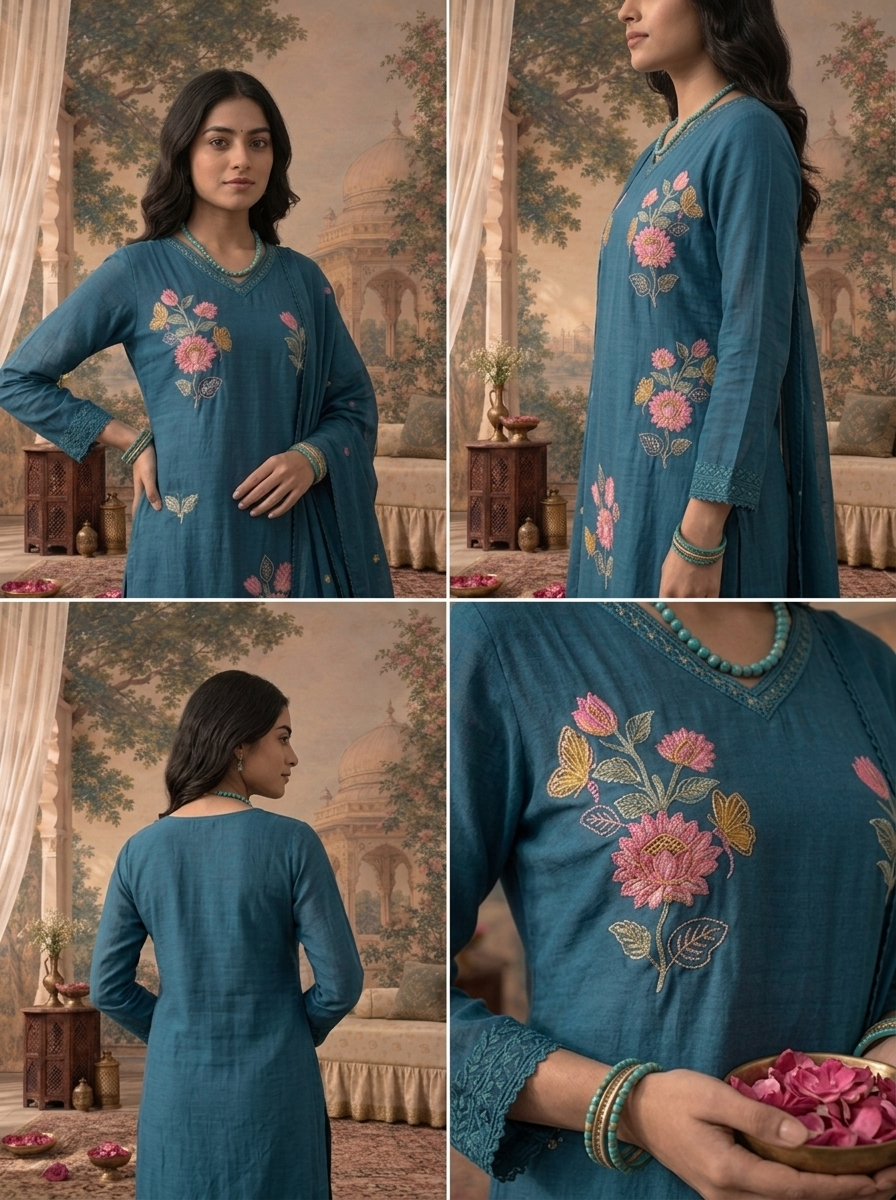 Teal Blue Muslin Floral Buti Thread Embroidered Three Piece Set
