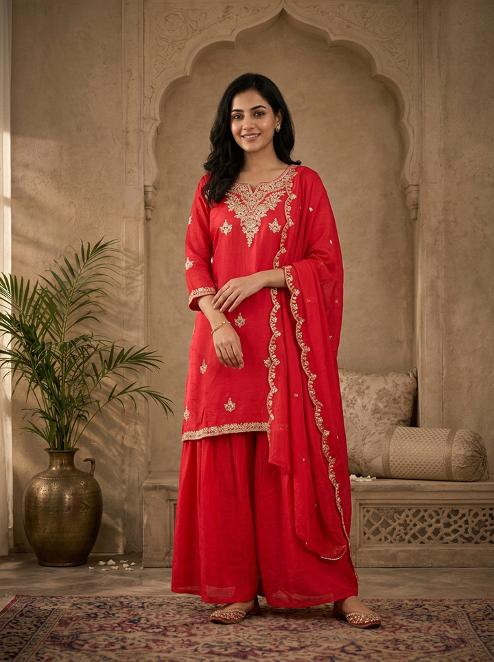 Rani Pink Silk Silver Zari Embroidered Three Piece Set