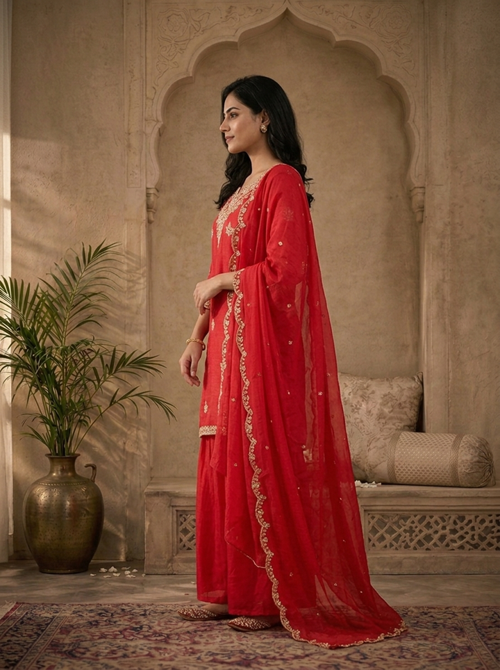 Rani Pink Silk Silver Zari Embroidered Three Piece Set