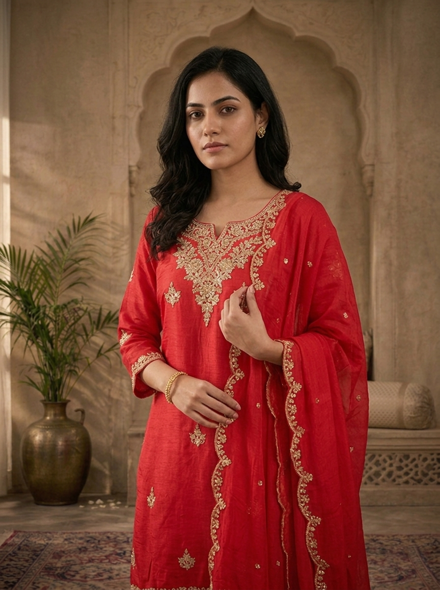 Rani Pink Silk Silver Zari Embroidered Three Piece Set
