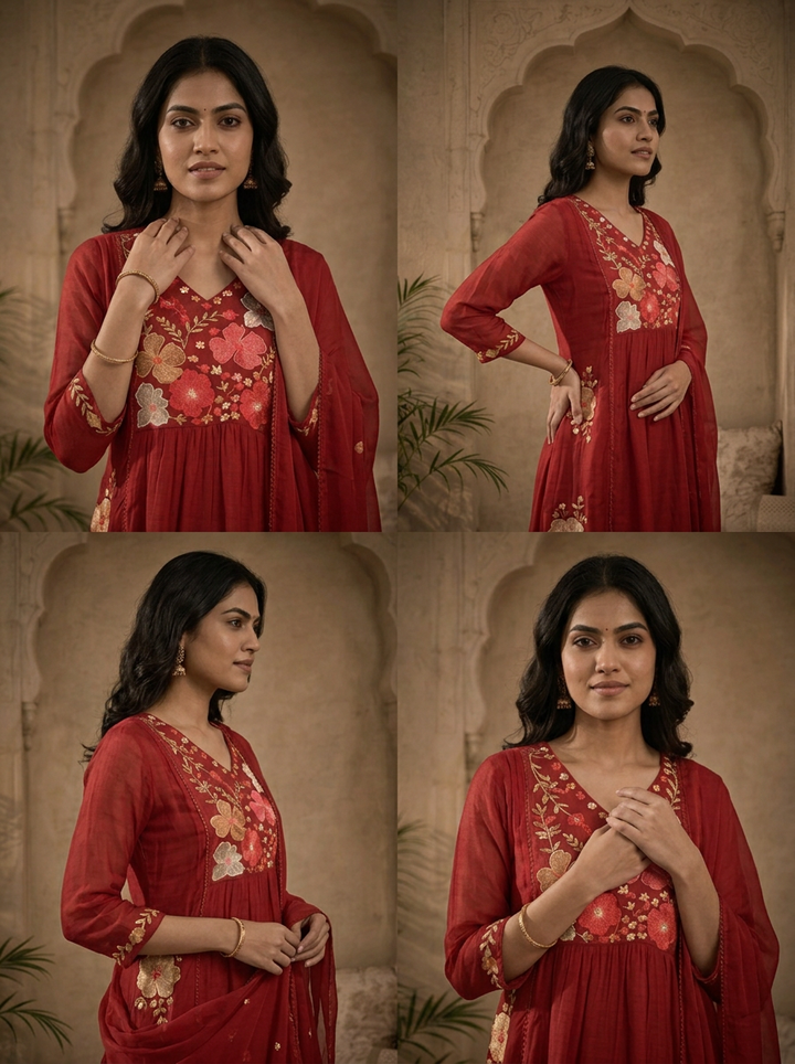 Maroon Muslin Floral Patch Embroidered Three Piece Set