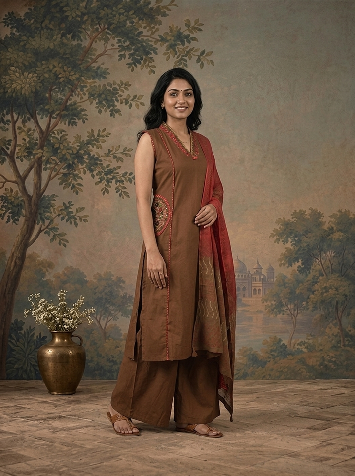 Brown Cotton Solid With Mandala Embroidered Three Piece Set