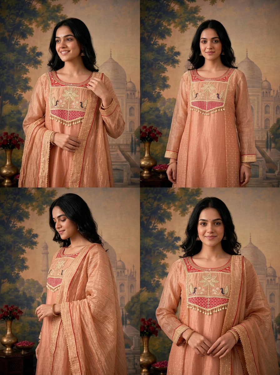Onion Tissue Solid With Peacock Embroidered Three Piece Set