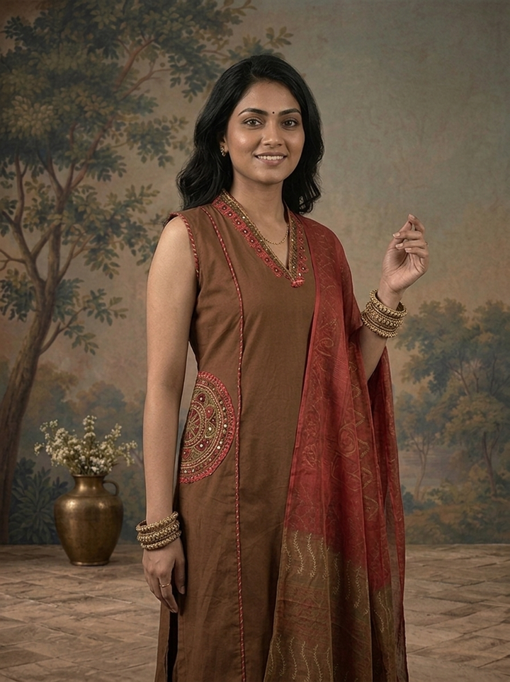 Brown Cotton Solid With Mandala Embroidered Three Piece Set
