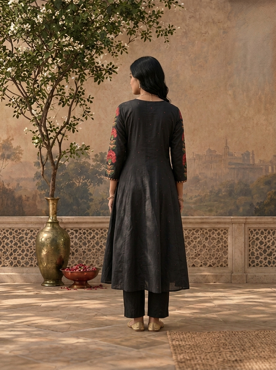 Black Cotton Mughal Floral Printed Three Piece Set