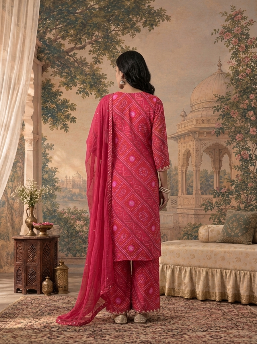 Rani Georgette Bandhani Bandhej Diagonal Diamond Printed Three Piece Set