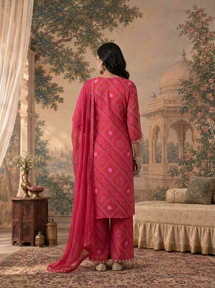 Rani Georgette Bandhani Bandhej Diagonal Diamond Printed Three Piece Set