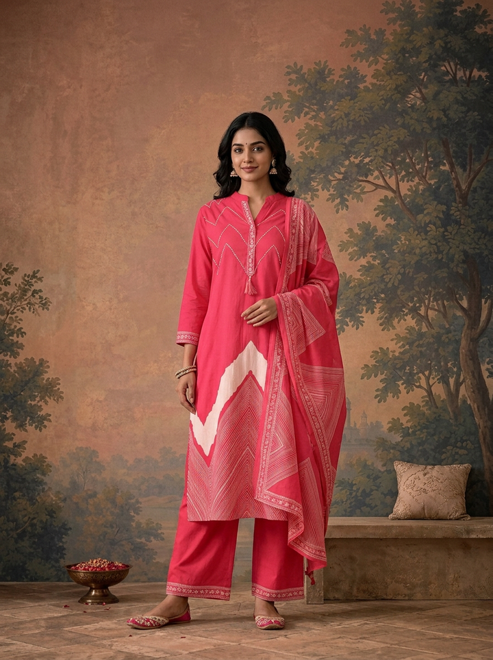 Pink Cotton Zigzag Chevron Printed Three Piece Set