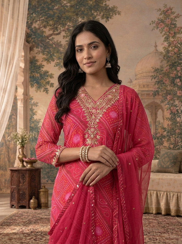 Rani Georgette Bandhani Bandhej Diagonal Diamond Printed Three Piece Set