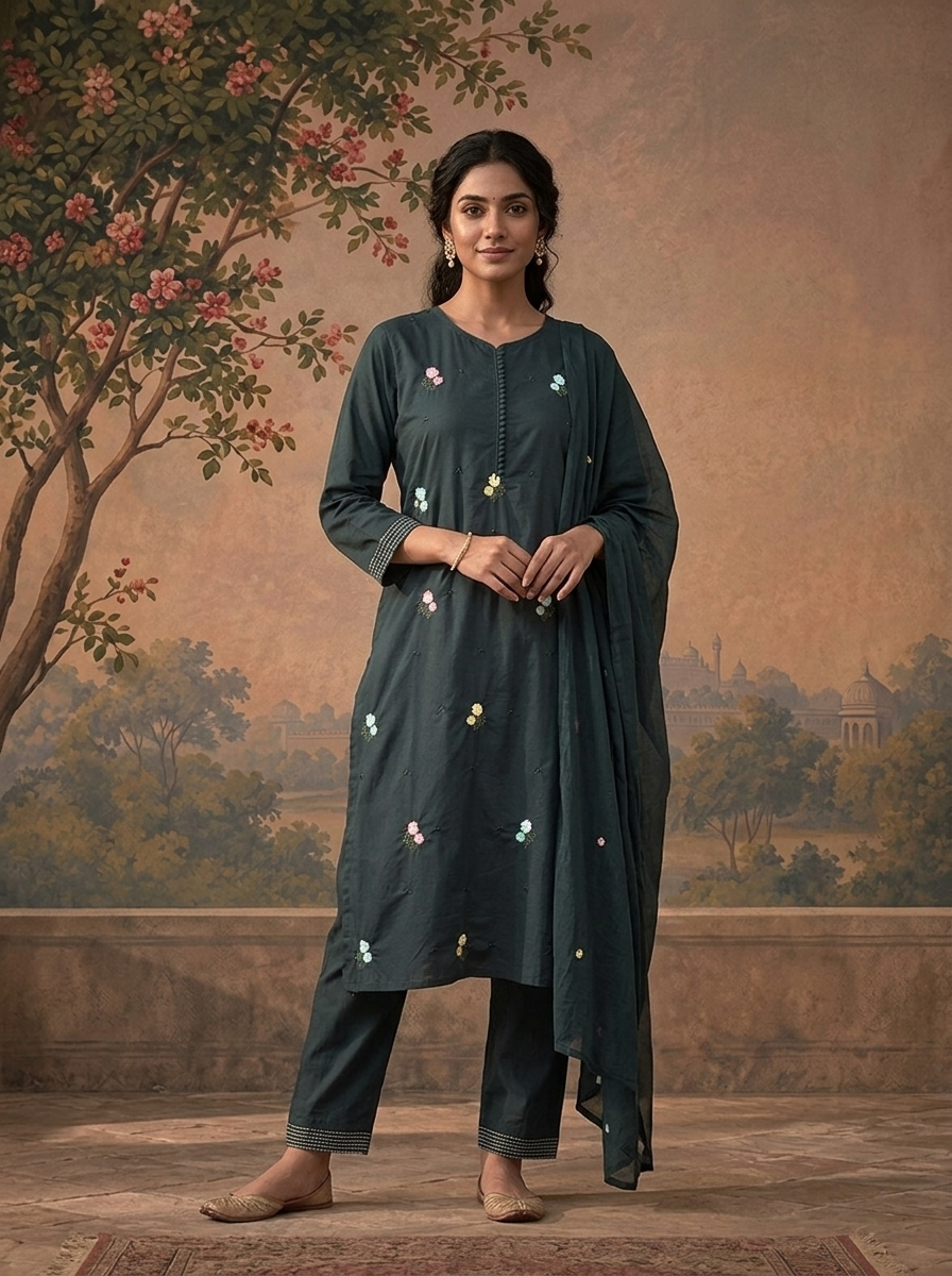 Teal Cotton Multicolor Floral Buti Embroidered Three Piece Set