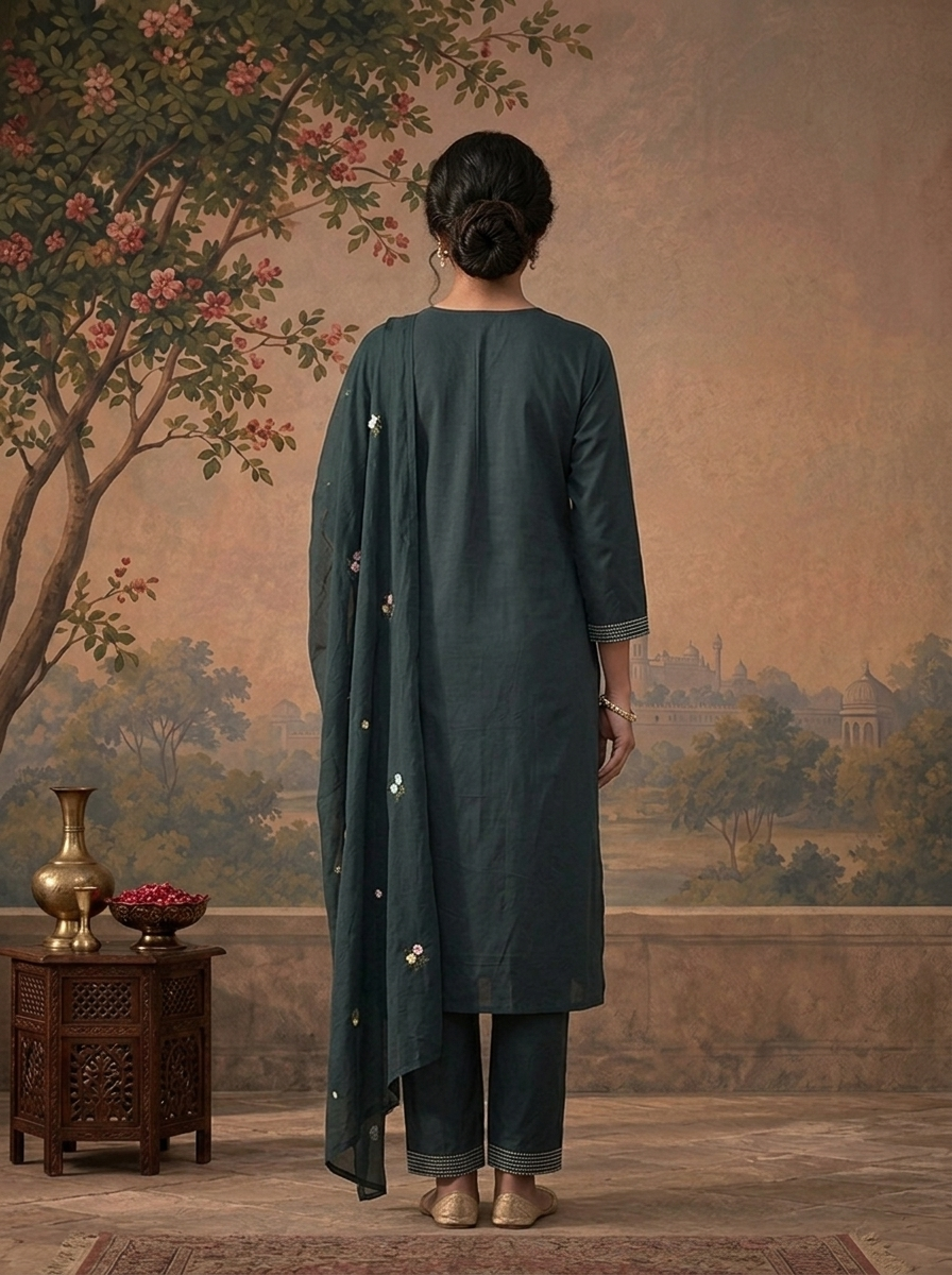 Teal Cotton Multicolor Floral Buti Embroidered Three Piece Set