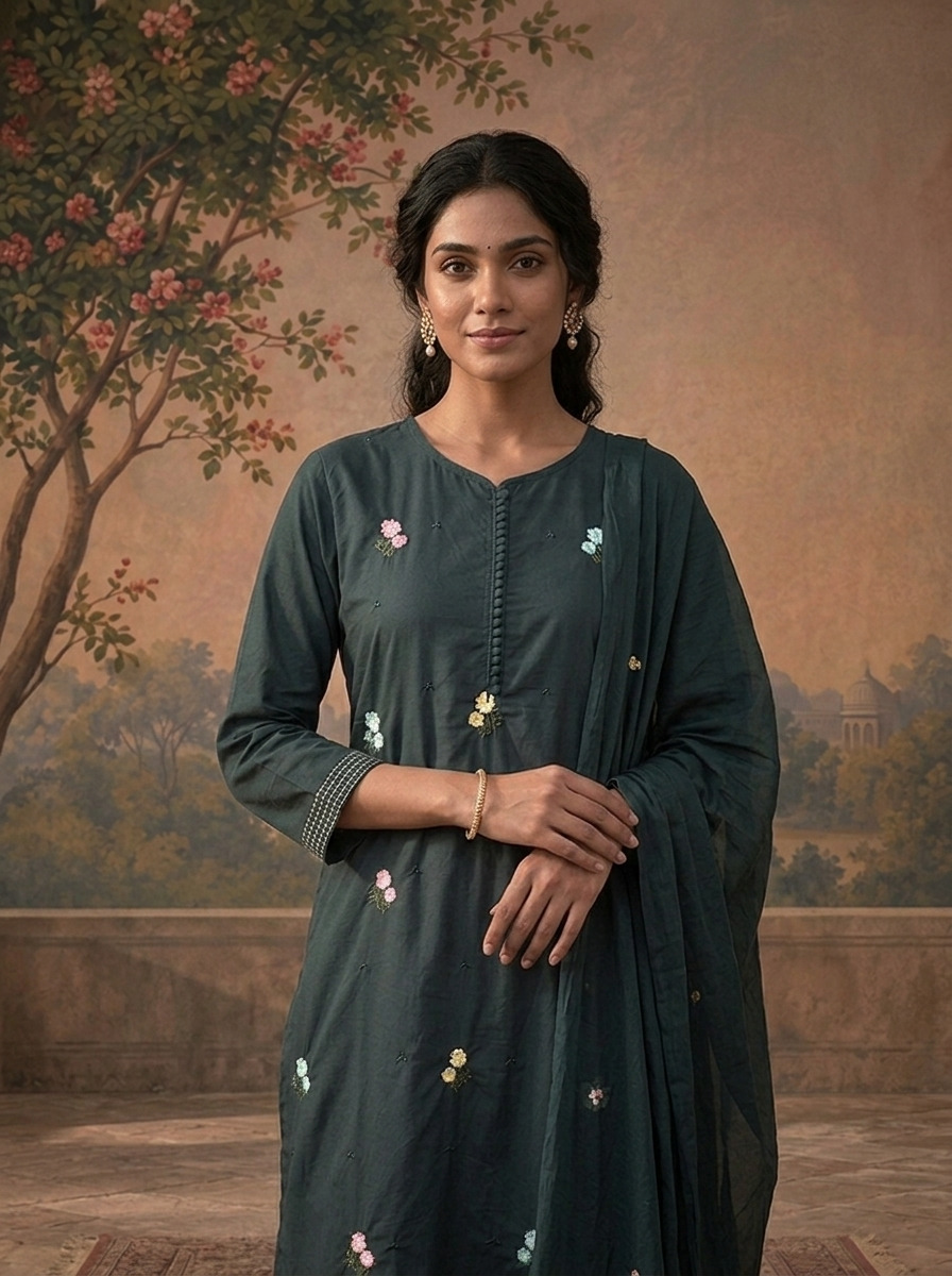 Teal Cotton Multicolor Floral Buti Embroidered Three Piece Set