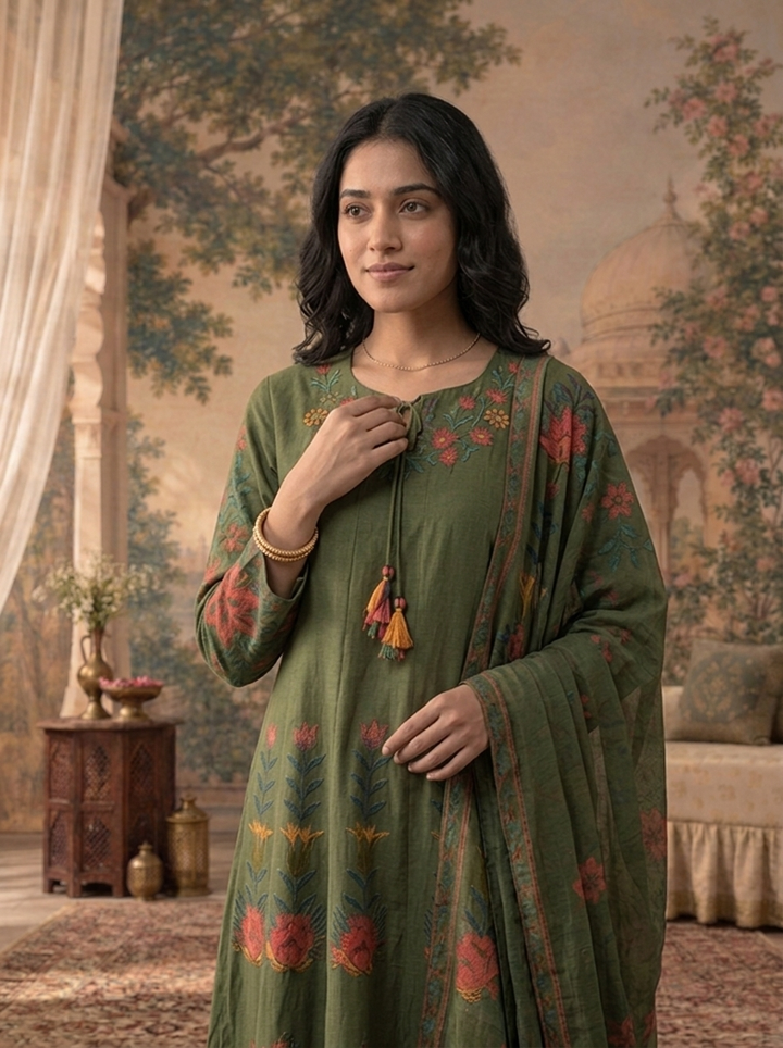 Olive Cotton Multicolor Floral Printed Three Piece Set
