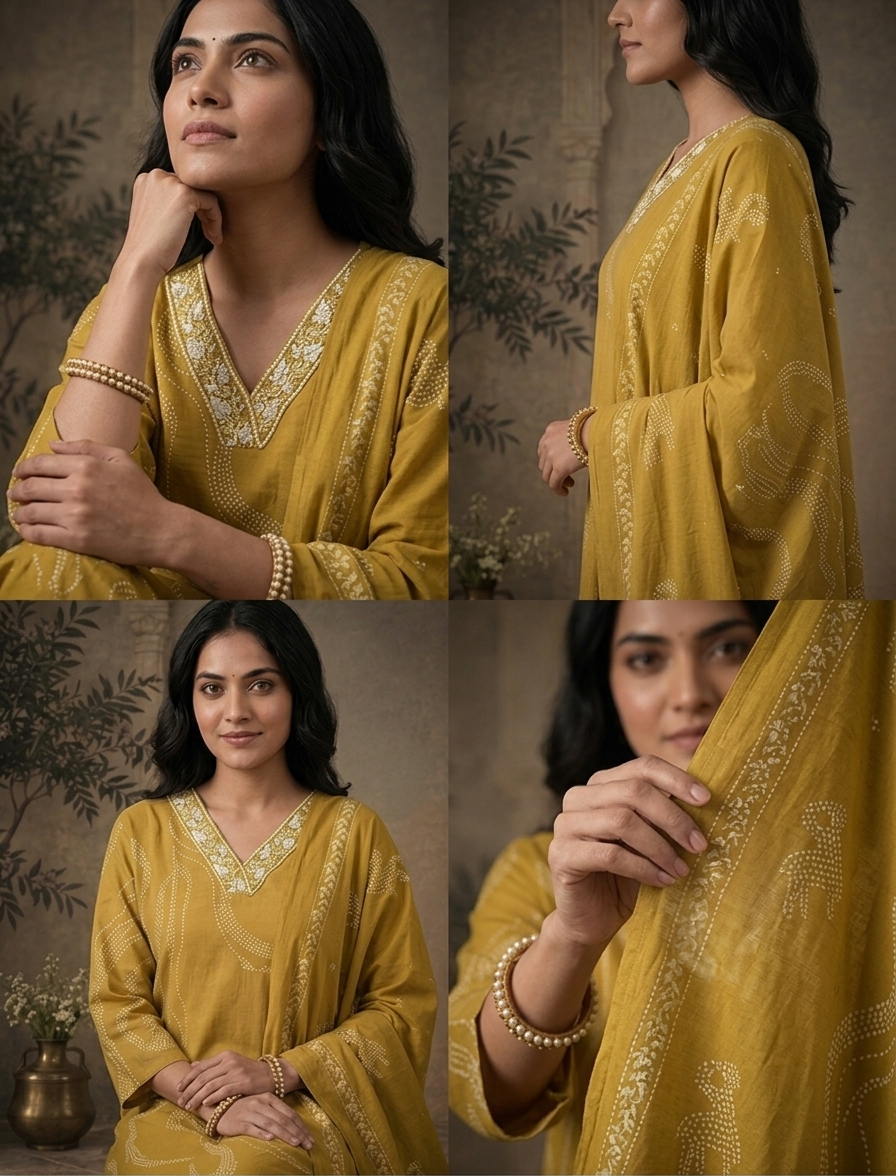 Mehadi Green Cotton Bandhani Abstract Dotted Printed Three Piece Set