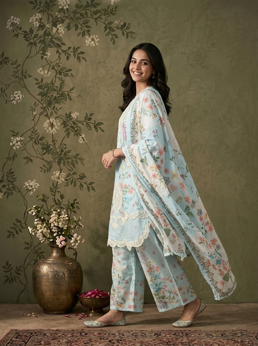 Sky Blue Linen Multicolor Floral Vine Printed Three Piece Set