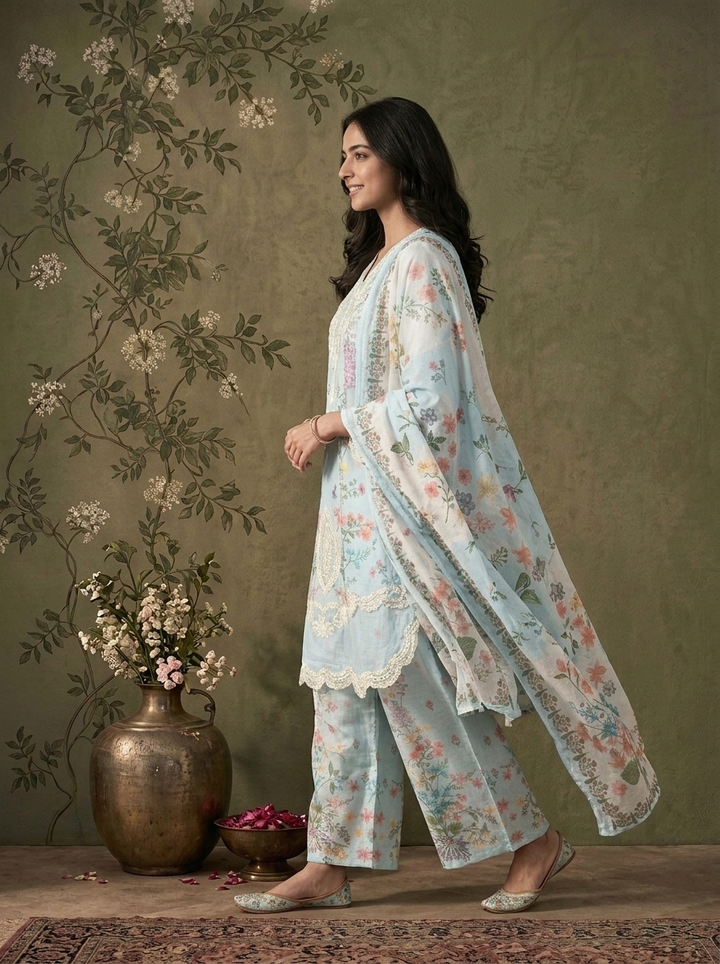 Sky Blue Linen Multicolor Floral Vine Printed Three Piece Set