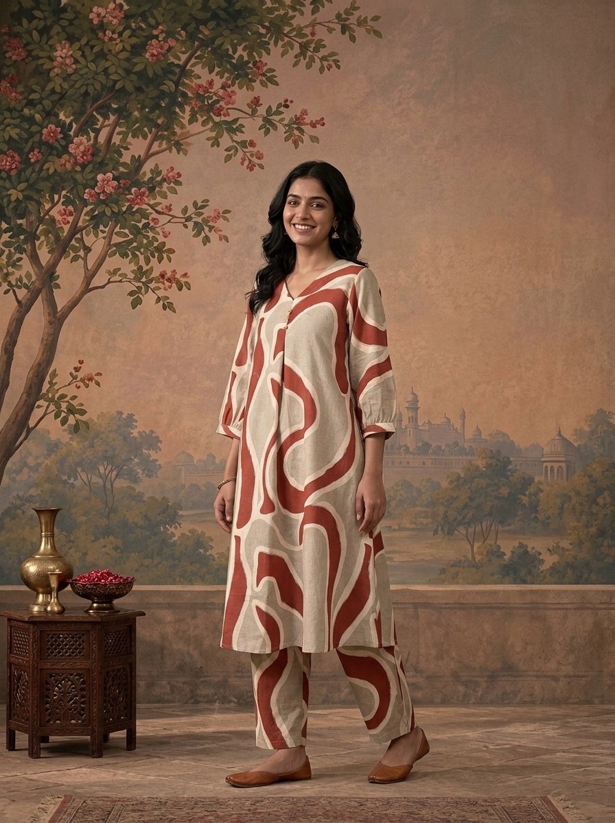 Rust Cotton Abstract Wavy Geometric Printed Two Piece Set