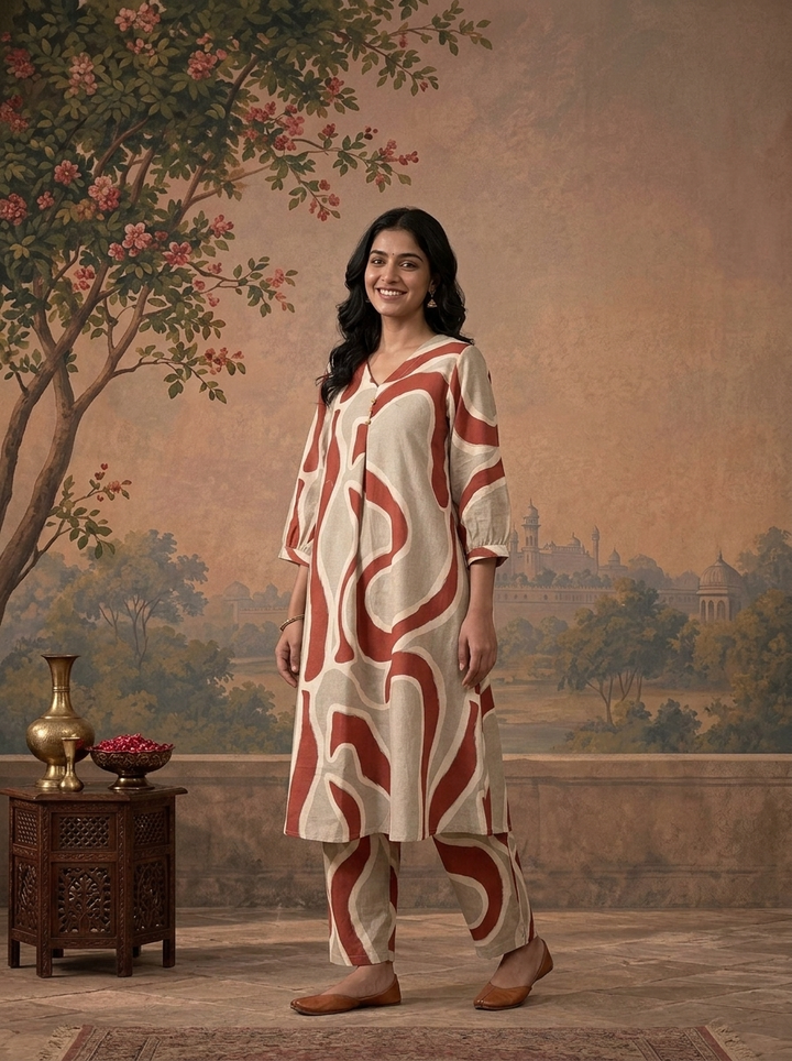 Rust Cotton Abstract Wavy Geometric Printed Two Piece Set