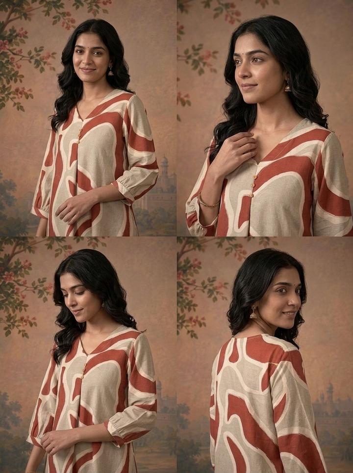 Rust Cotton Abstract Wavy Geometric Printed Two Piece Set
