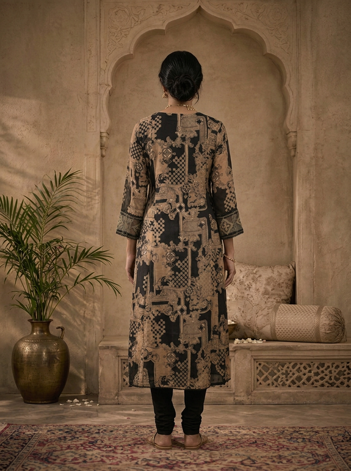 Black Muslin Large Baroque Mughal Panel Printed Three Piece Set