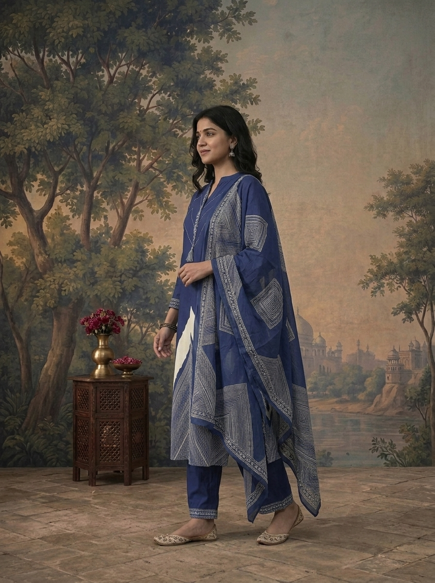 Blue Cotton Zigzag Chevron Printed Three Piece Set