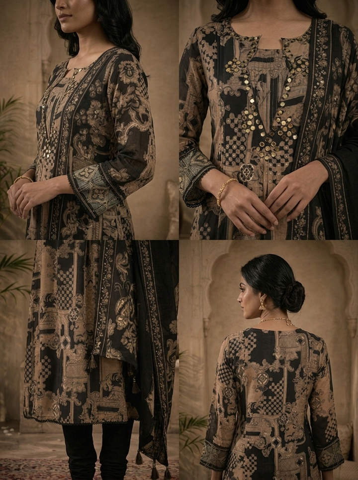 Black Muslin Large Baroque Mughal Panel Printed Three Piece Set
