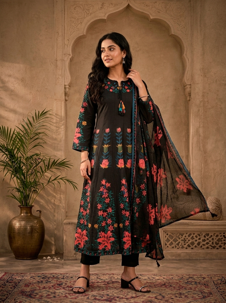 Black Cotton Tulip Floral Printed Three Piece Set
