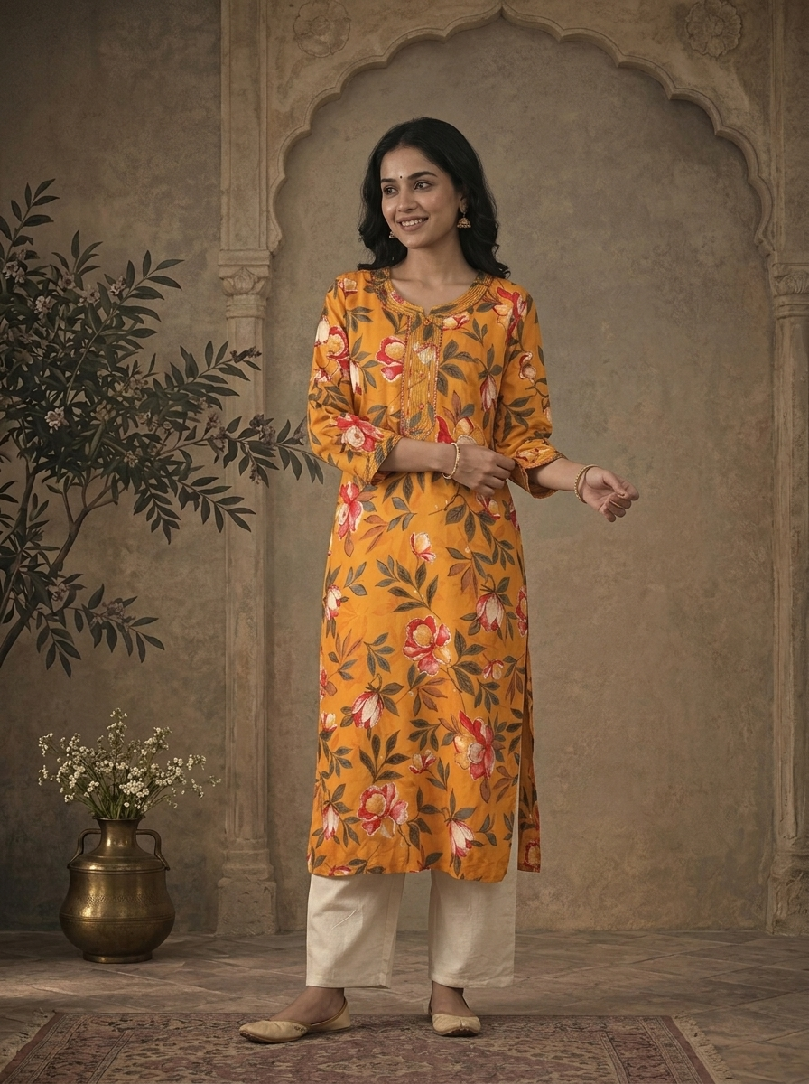 Mustard Rayon Marigold Floral Printed Kurta