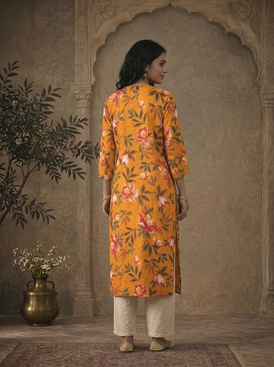 Mustard Rayon Marigold Floral Printed Kurta