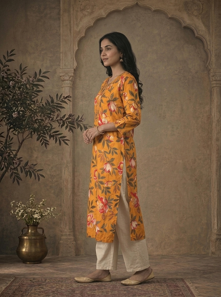 Mustard Rayon Marigold Floral Printed Kurta
