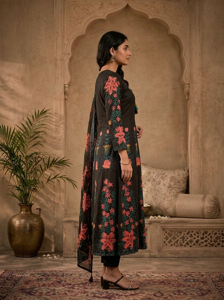 Black Cotton Tulip Floral Printed Three Piece Set