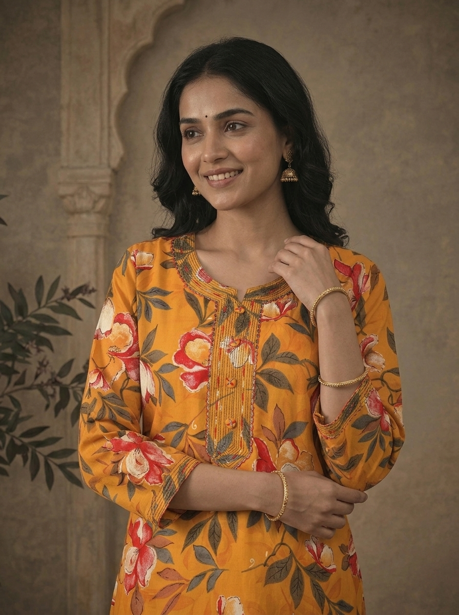 Mustard Rayon Marigold Floral Printed Kurta