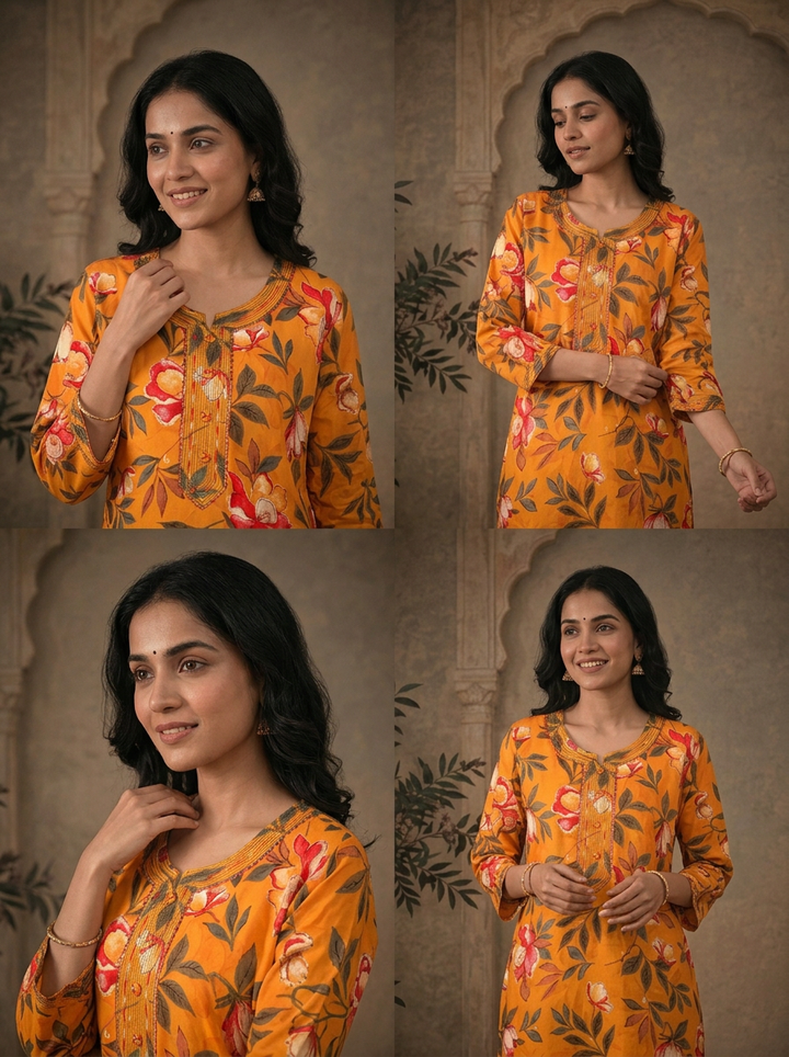 Mustard Rayon Marigold Floral Printed Kurta