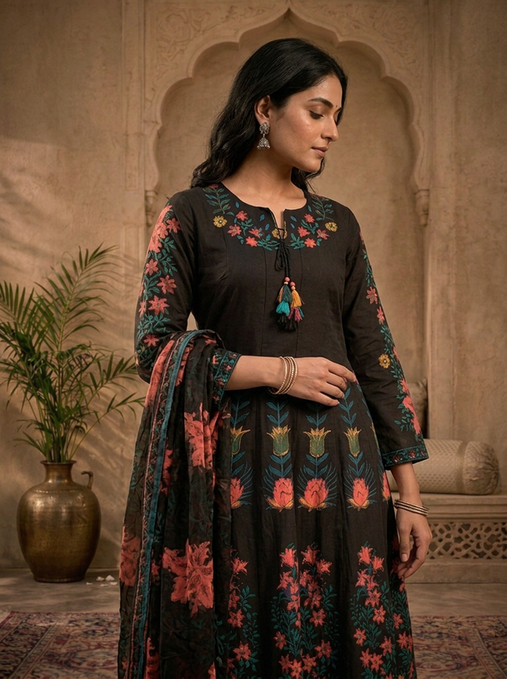 Black Cotton Tulip Floral Printed Three Piece Set